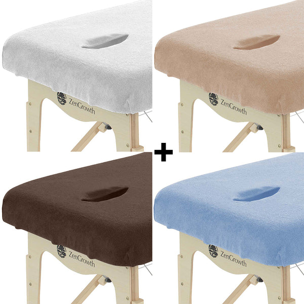 Tweedekans set Badstof Hoeslakens Massagetafel met Uitsparing Wit+ Lichtbruin + Chocoladebruin + Lichtblauw